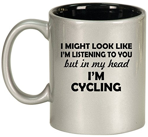 Ceramic Coffee Tea Mug Cup In My Head I'm Cycling Funny (Silver)