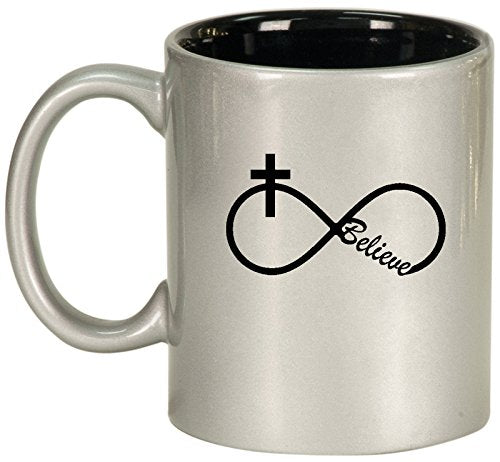 Ceramic Coffee Tea Mug Cup Infinity Believe Cross Christian (Silver)