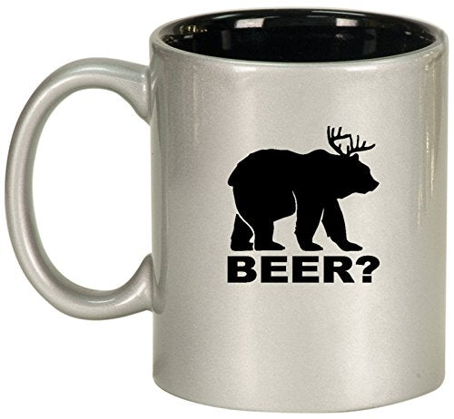 Ceramic Coffee Tea Mug Cup Deer + Bear = Beer Funny (Silver)