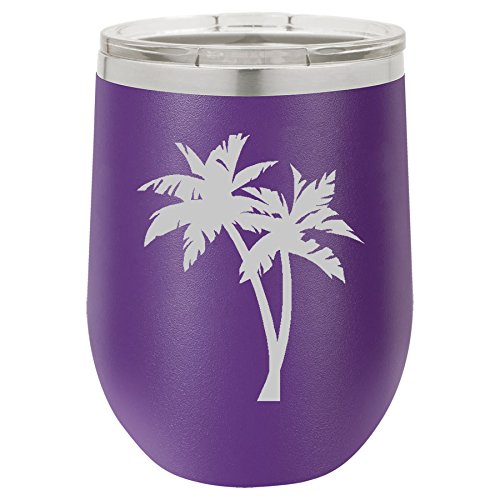 12 oz Double Wall Vacuum Insulated Stainless Steel Stemless Wine Tumbler Glass Coffee Travel Mug With Lid Palm Trees (Purple)