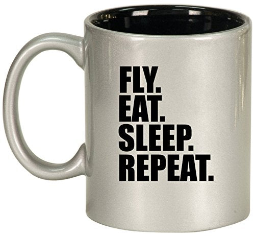 Ceramic Coffee Tea Mug Cup Fly Eat Sleep Repeat (Silver)