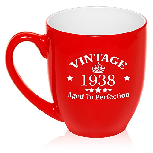 16 oz Large Bistro Mug Ceramic Coffee Tea Glass Cup Vintage Aged To Perfection 1938 80th Birthday (Red)