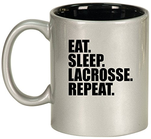 Ceramic Coffee Tea Mug Cup Eat Sleep Lacrosse Repeat (Silver)
