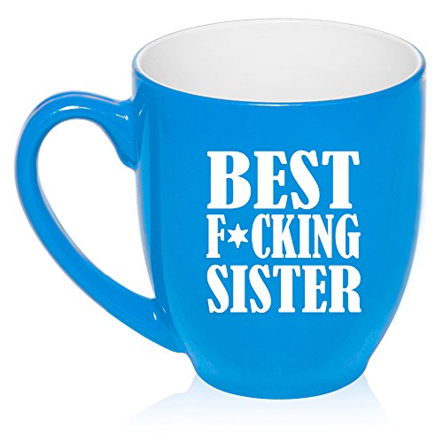 16 oz Large Bistro Mug Ceramic Coffee Tea Glass Cup Best F ing Sister (Light Blue)