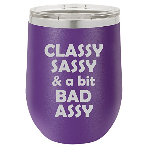 12 oz Double Wall Vacuum Insulated Stainless Steel Stemless Wine Tumbler Glass Coffee Travel Mug With Lid Classy Sassy And A Bit Bad Assy (Purple)