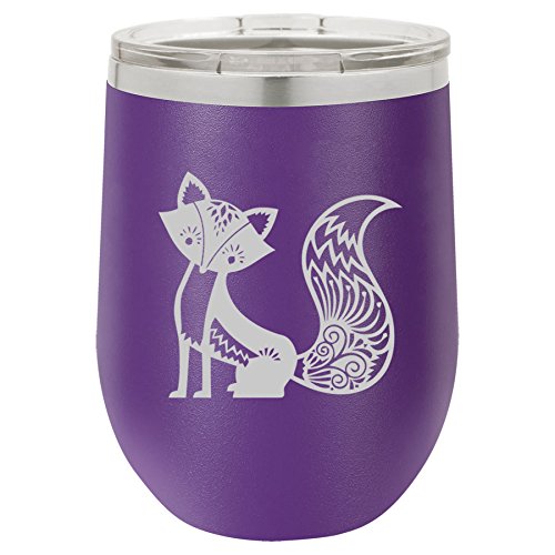 12 oz Double Wall Vacuum Insulated Stainless Steel Stemless Wine Tumbler Glass Coffee Travel Mug With Lid Fancy Fox (Purple)