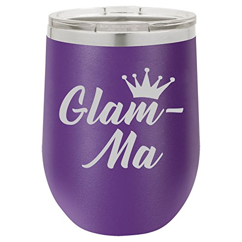 12 oz Double Wall Vacuum Insulated Stainless Steel Stemless Wine Tumbler Glass Coffee Travel Mug With Lid Glam-Ma Mom Mother Grandmother Grandma (Purple)