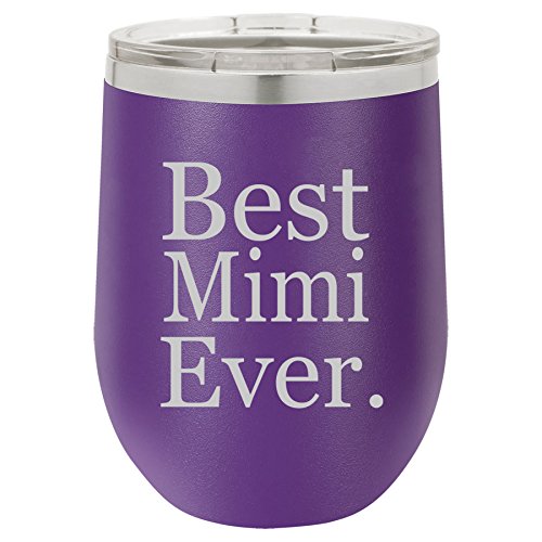 12 oz Double Wall Vacuum Insulated Stainless Steel Stemless Wine Tumbler Glass Coffee Travel Mug With Lid Best Mimi Ever (Purple)