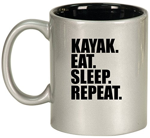 Ceramic Coffee Tea Mug Cup Kayak Eat Sleep Repeat (Silver)