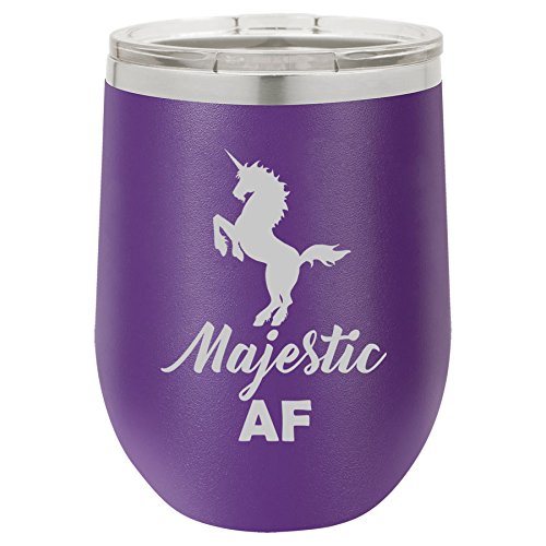 12 oz Double Wall Vacuum Insulated Stainless Steel Stemless Wine Tumbler Glass Coffee Travel Mug With Lid Majestic AF Unicorn (Purple)