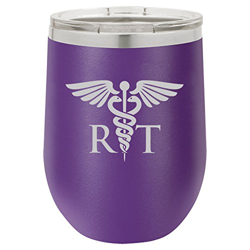 12 oz Double Wall Vacuum Insulated Stainless Steel Stemless Wine Tumbler Glass Coffee Travel Mug With Lid RT Respiratory Therapist (Purple)