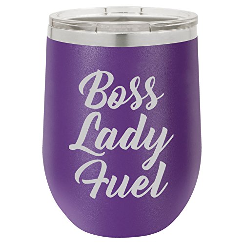 12 oz Double Wall Vacuum Insulated Stainless Steel Stemless Wine Tumbler Glass Coffee Travel Mug With Lid Boss Lady Fuel (Purple)