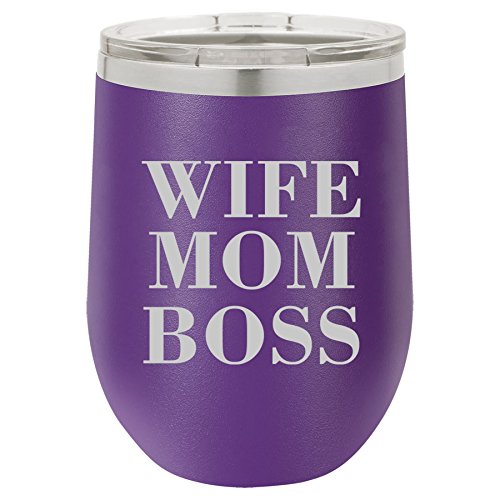 12 oz Double Wall Vacuum Insulated Stainless Steel Stemless Wine Tumbler Glass Coffee Travel Mug With Lid Wife Mom Boss (Purple)