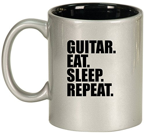 Ceramic Coffee Tea Mug Guitar Eat Sleep Repeat (Silver)