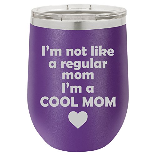 12 oz Double Wall Vacuum Insulated Stainless Steel Stemless Wine Tumbler Glass Coffee Travel Mug With Lid I'm Not A Regular Mom I'm A Cool Mom (Purple)