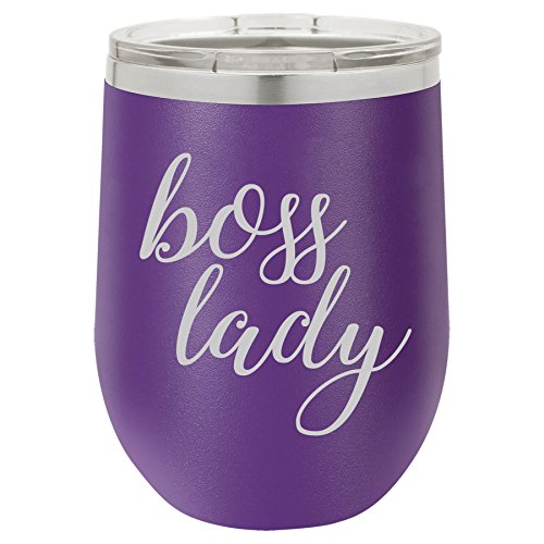 12 oz Double Wall Vacuum Insulated Stainless Steel Stemless Wine Tumbler Glass Coffee Travel Mug With Lid Boss Lady (Purple)