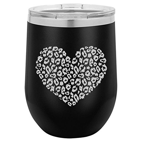 12 oz Double Wall Vacuum Insulated Stainless Steel Stemless Wine Tumbler Glass Coffee Travel Mug With Lid Leopard Print Love Heart (Black)