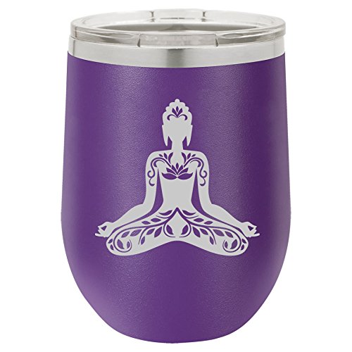 12 oz Double Wall Vacuum Insulated Stainless Steel Stemless Wine Tumbler Glass Coffee Travel Mug With Lid Buddha Yoga Lotus (Purple)