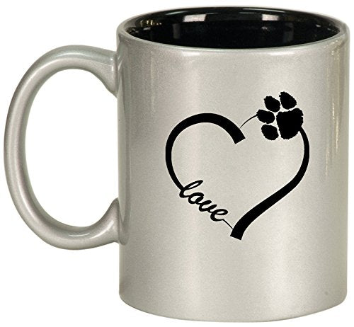 Ceramic Coffee Tea Mug Cup Love Heart Paw Animals (Silver)