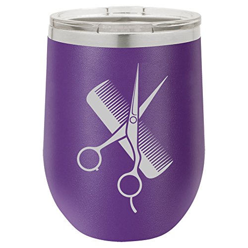 12 oz Double Wall Vacuum Insulated Stainless Steel Stemless Wine Tumbler Glass Coffee Travel Mug With Lid Hair Cutting Dresser Scissors Comb (Purple)