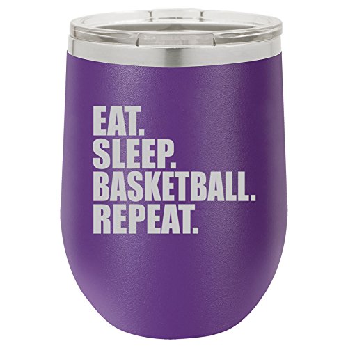 12 oz Double Wall Vacuum Insulated Stainless Steel Stemless Wine Tumbler Glass Coffee Travel Mug With Lid Eat Sleep Basketball Repeat (Purple)