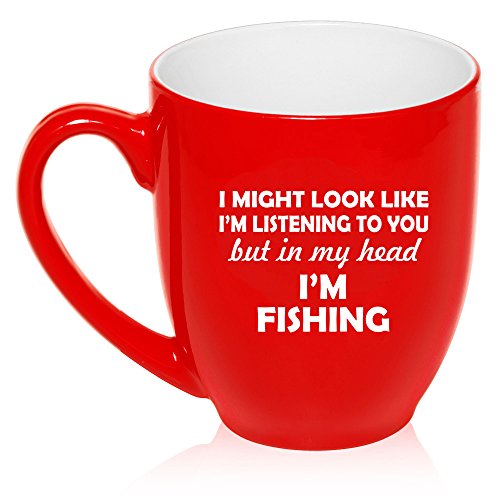 16 oz Large Bistro Mug Ceramic Coffee Tea Glass Cup In My Head I'm Fishing Funny (Red)