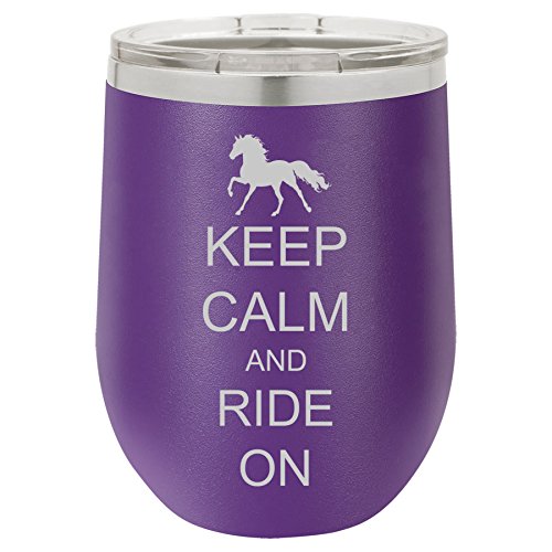 12 oz Double Wall Vacuum Insulated Stainless Steel Stemless Wine Tumbler Glass Coffee Travel Mug With Lid Keep Calm And Ride On Horse (Purple)