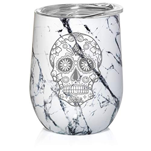 12 oz Double Wall Vacuum Insulated Stainless Steel Marble Stemless Wine Tumbler Glass Coffee Travel Mug With Lid Sugar Candy Skull (Black White Marble)