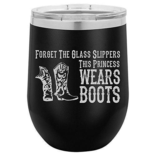 12 oz Double Wall Vacuum Insulated Stainless Steel Stemless Wine Tumbler Glass Coffee Travel Mug With Lid Princess Wears Boots Cowgirl (Black)