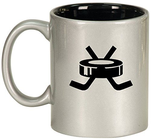 Ceramic Coffee Tea Mug Cup Hockey Puck with Sticks (Silver)