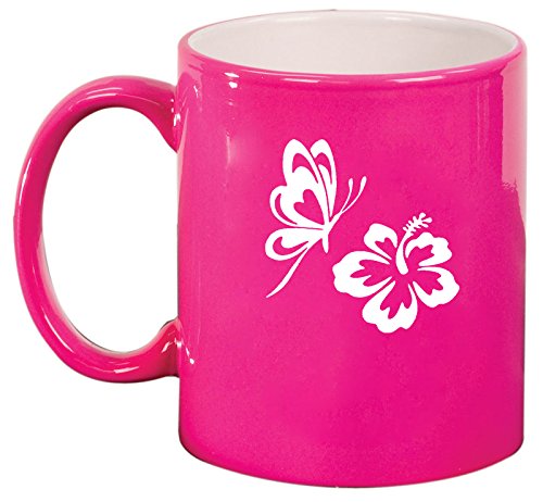 Ceramic Coffee Tea Mug Cup Butterfly and Hibiscus (Pink)