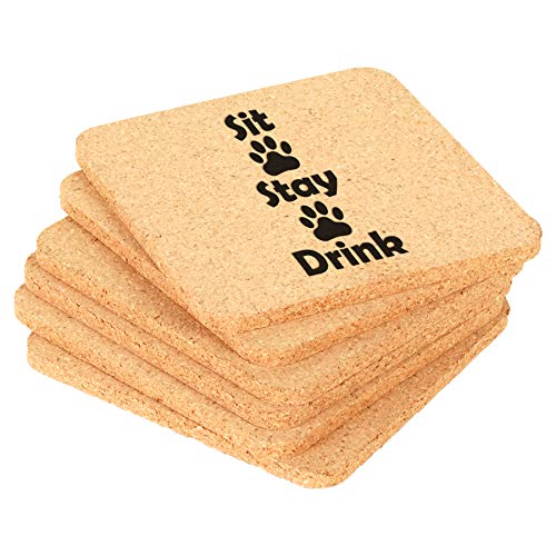 Set of 6 Cork Drink Coasters Sit Stay Drink Funny Paw Prints Dog Cat Animal Lover (Square)
