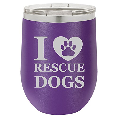 12 oz Double Wall Vacuum Insulated Stainless Steel Stemless Wine Tumbler Glass Coffee Travel Mug With Lid I Heart Love Rescue Dogs (Purple)