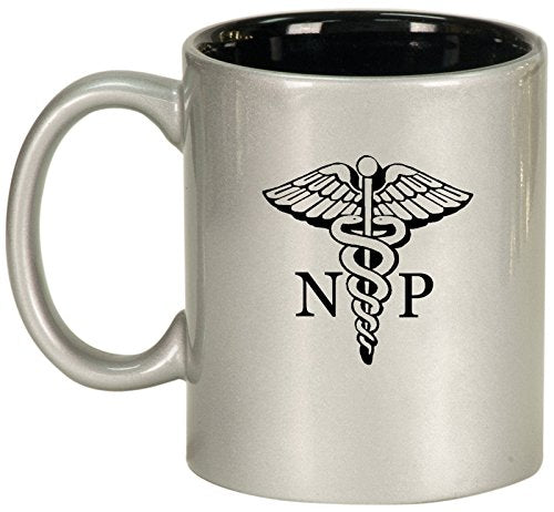 NP Nurse Practitioner Caduceus Ceramic Coffee Tea Mug Cup (Silver)