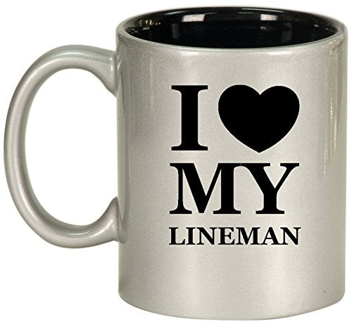 Ceramic Coffee Tea Mug Cup I Love Heart My Lineman (Silver)