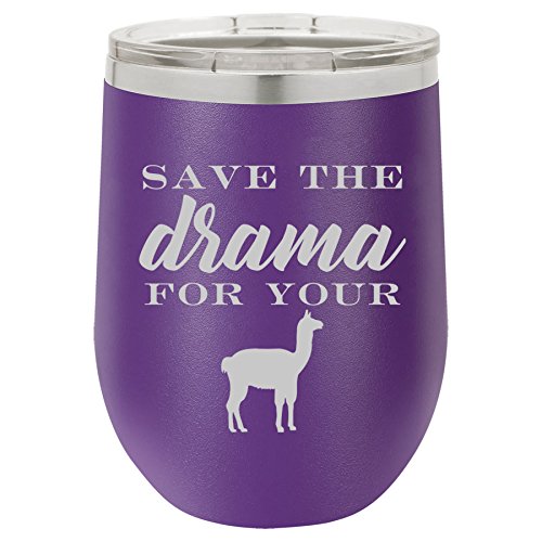 12 oz Double Wall Vacuum Insulated Stainless Steel Stemless Wine Tumbler Glass Coffee Travel Mug With Lid Save The Drama For Your Llama Funny (Purple)