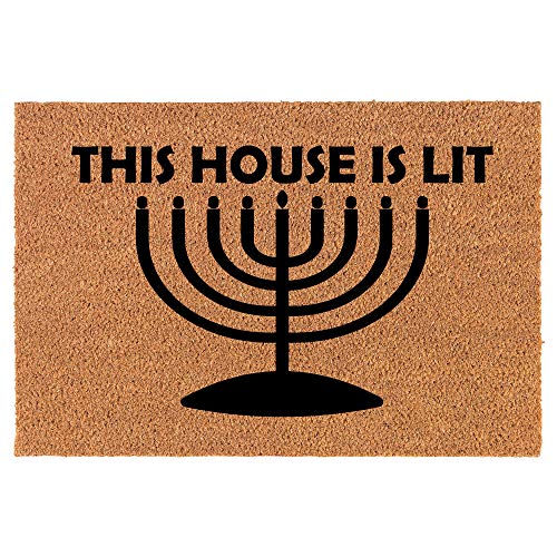 Coir Doormat Front Door Mat New Home Closing Housewarming Gift This House is Lit Hanukkah Funny (24" x 16" Small)
