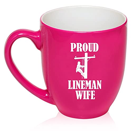 16 oz Large Bistro Mug Ceramic Coffee Tea Glass Cup Proud Lineman Wife (Hot Pink),MIP