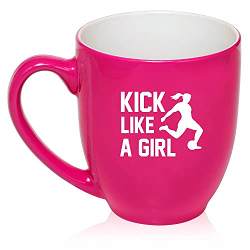 16 oz Large Bistro Mug Ceramic Coffee Tea Glass Cup Kick Like A Girl Soccer (Hot Pink),MIP