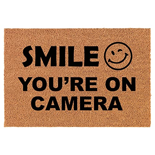 Coir Doormat Front Door Mat New Home Closing Housewarming Gift Smile You're On Camera Funny Security (24" x 16" Small)