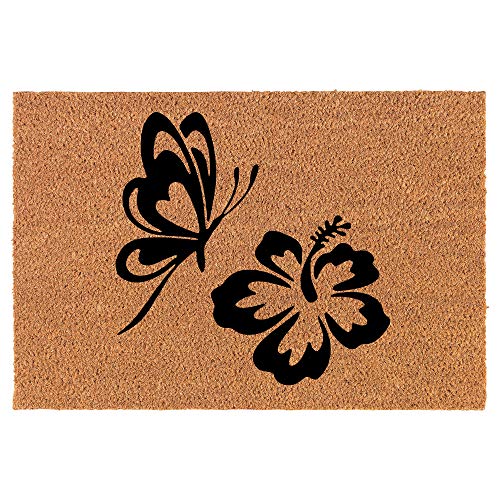 Coir Doormat Front Door Mat New Home Closing Housewarming Gift Butterfly and Hibiscus (24" x 16" Small)