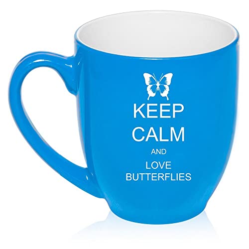 16 oz Large Bistro Mug Ceramic Coffee Tea Glass Cup Keep Calm and Love Butterflies (Light Blue),MIP