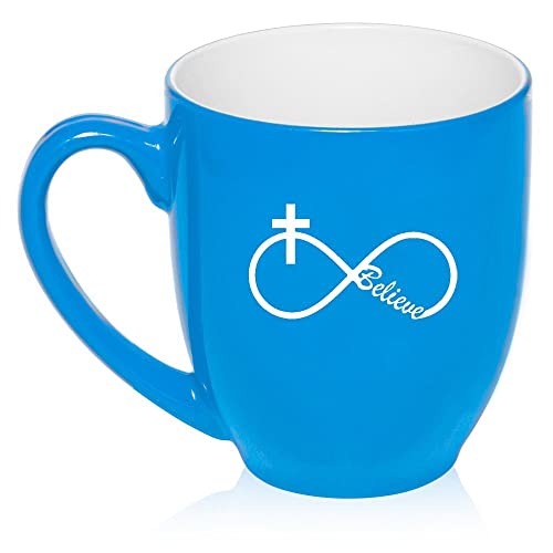 16 oz Large Bistro Mug Ceramic Coffee Tea Glass Cup Infinity Believe Cross Christian (Light Blue),MIP