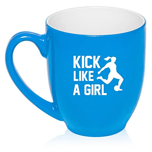 16 oz Large Bistro Mug Ceramic Coffee Tea Glass Cup Kick Like A Girl Soccer (Light Blue),MIP