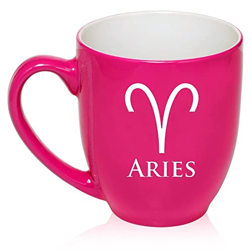 16 oz Large Bistro Mug Ceramic Coffee Tea Glass Cup Horoscope Zodiac Birth Sign Aries (Hot Pink),MIP