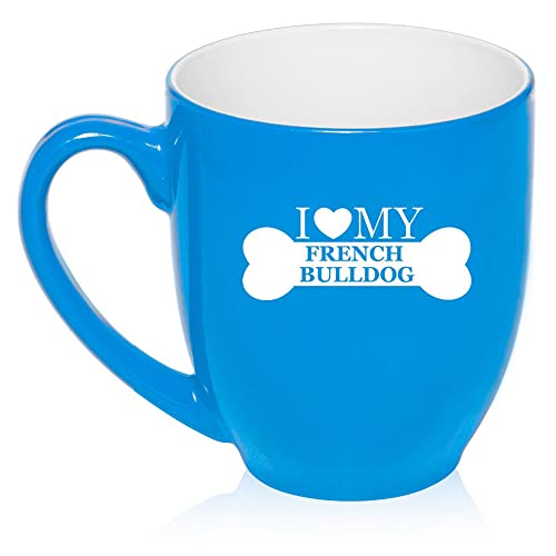 16 oz Large Bistro Mug Ceramic Coffee Tea Glass Cup I Love My French Bulldog (Light Blue),MIP