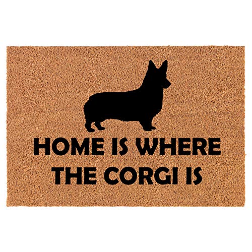 Coir Doormat Front Door Mat New Home Closing Housewarming Gift Home is Where The Corgi is (24" x 16" Small)