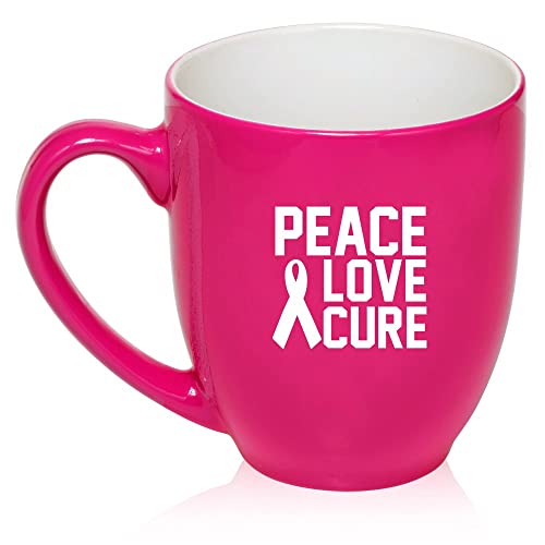 16 oz Hot Pink Large Bistro Mug Ceramic Coffee Tea Glass Cup Peace Love Cure Cancer,MIP
