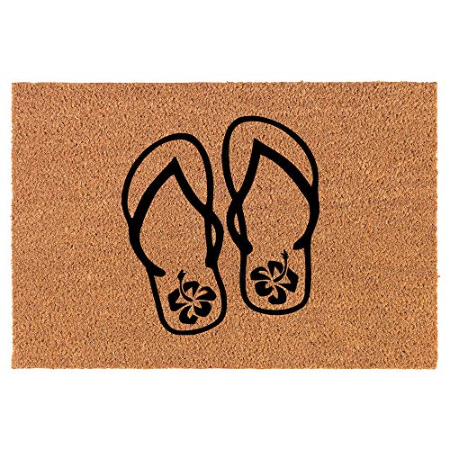Coir Doormat Front Door Mat New Home Closing Housewarming Gift Flip Flops Hibiscus Flowers (24" x 16" Small)