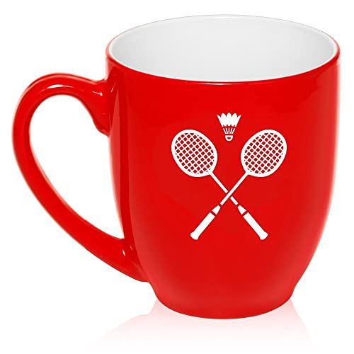 16 oz Large Bistro Mug Ceramic Coffee Tea Glass Cup Crossed Badminton Rackets Shuttlecock (Red),MIP